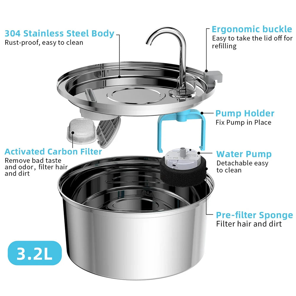 Automatic Stainless Steel Pet Water Fountain - USB Electric Mute Drinking Bowl for Cats and Dogs - ZOOMNSTORE