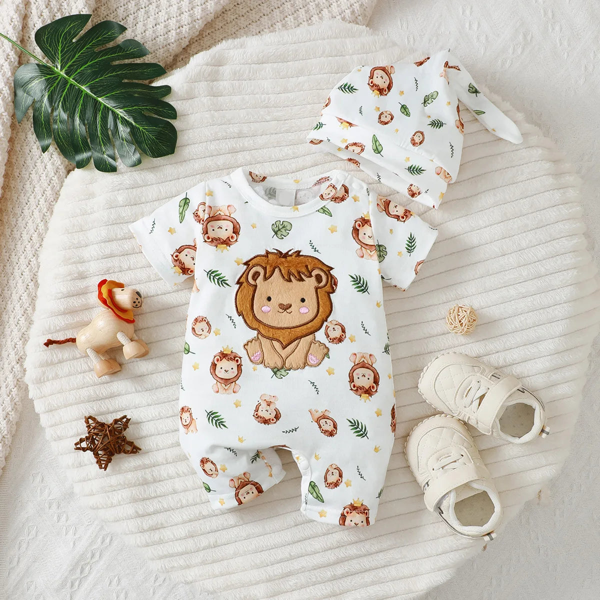 Baby Boy Hoodie Set – Cartoon Lion Short Sleeve Hoodie with Shorts & Hat for Infants - ZOOMNSTORE
