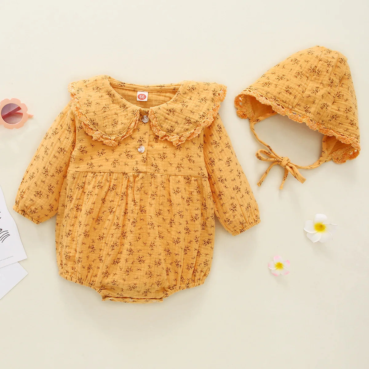 Baby Girls Romper - Autumn Floral Infant Bodysuit with Muslin Hat & Button Collar - ZOOMNSTORE
