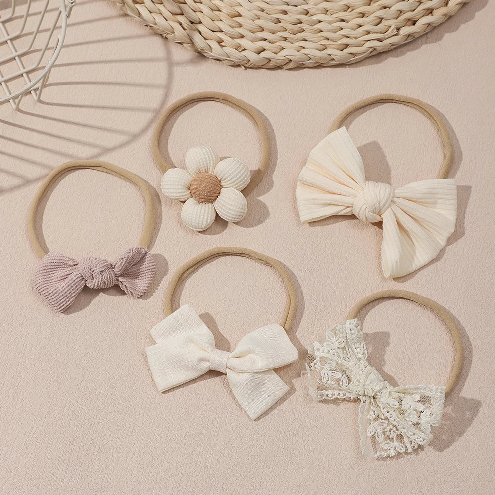 5Pcs/Set Baby Elastic Headband Newborn Apricot Flower Bow Nylon Hair Bands for Girls Infant Toddler Soft Hair Accessories Gift - ZOOMNSTORE