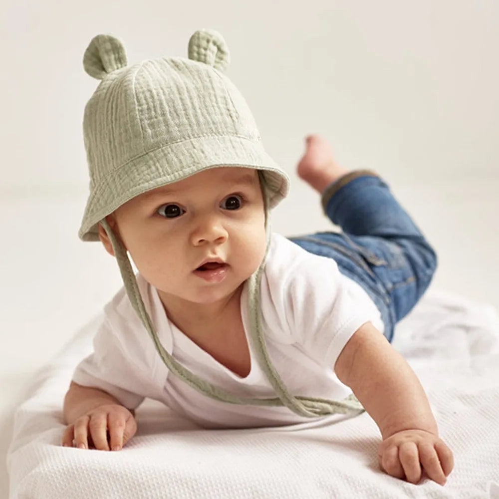 Baby Cotton Sun Hat New Children Outdoor Rabbit Ear Beach Caps Boy Girl Print Panama Hat Unisex Beach Bucket Hat For 3-12 Months - ZOOMNSTORE