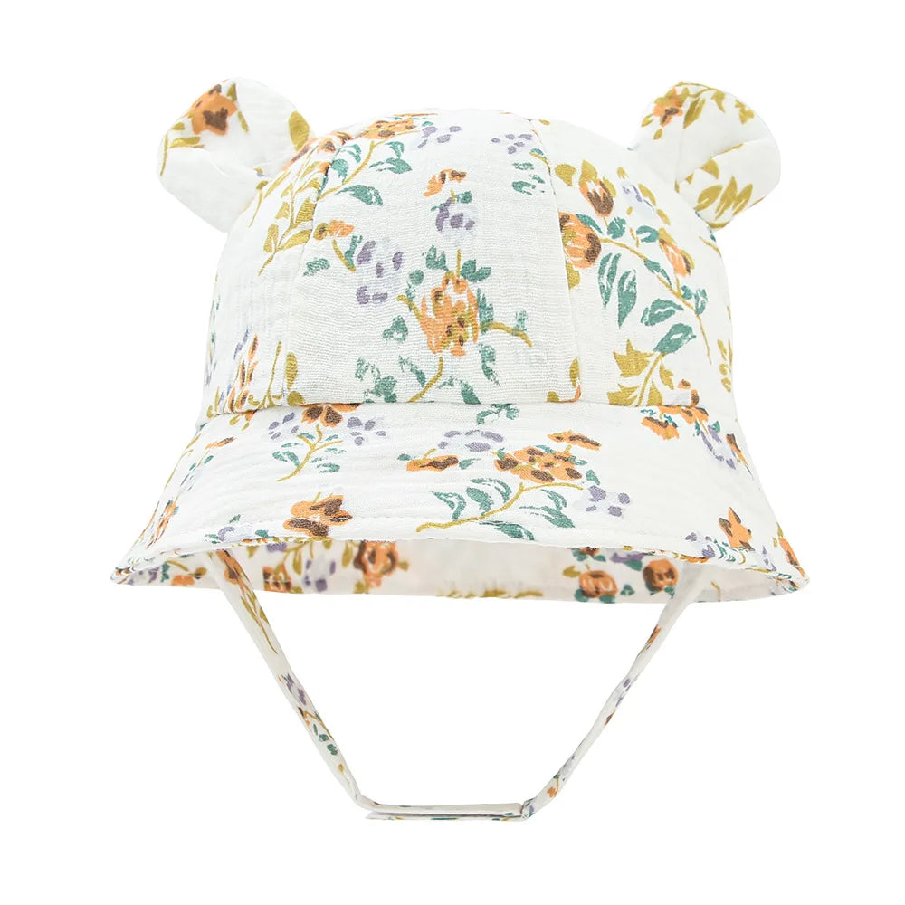 Baby Cotton Sun Hat New Children Outdoor Rabbit Ear Beach Caps Boy Girl Print Panama Hat Unisex Beach Bucket Hat For 3-12 Months - ZOOMNSTORE
