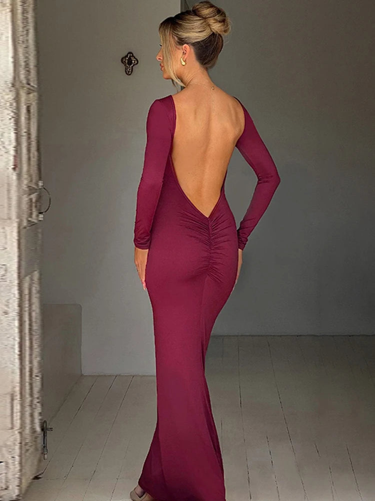 Backless Bodycon Maxi Dress – Long Sleeve Slim Fit Prom Dress With Empire Waist - ZOOMNSTORE