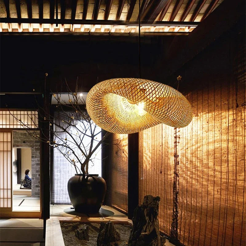 Bamboo Pendant Lamp - Hand Knitted Chinese Style Hanging Light Fixture for Home Decor - ZOOMNSTORE
