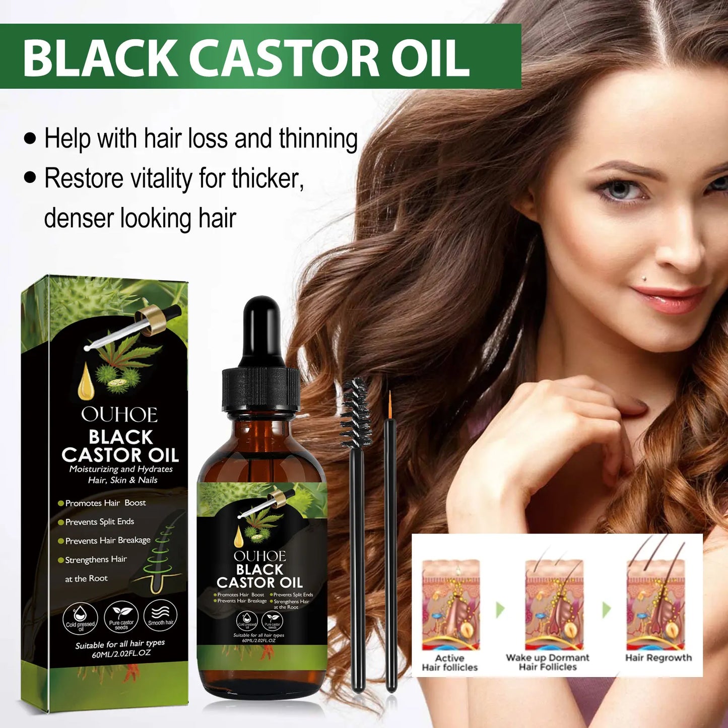 Organic Black Castor Oil Hair Growth Serum - Moisturizing Essential Oil for Hair Loss Prevention - ZOOMNSTORE