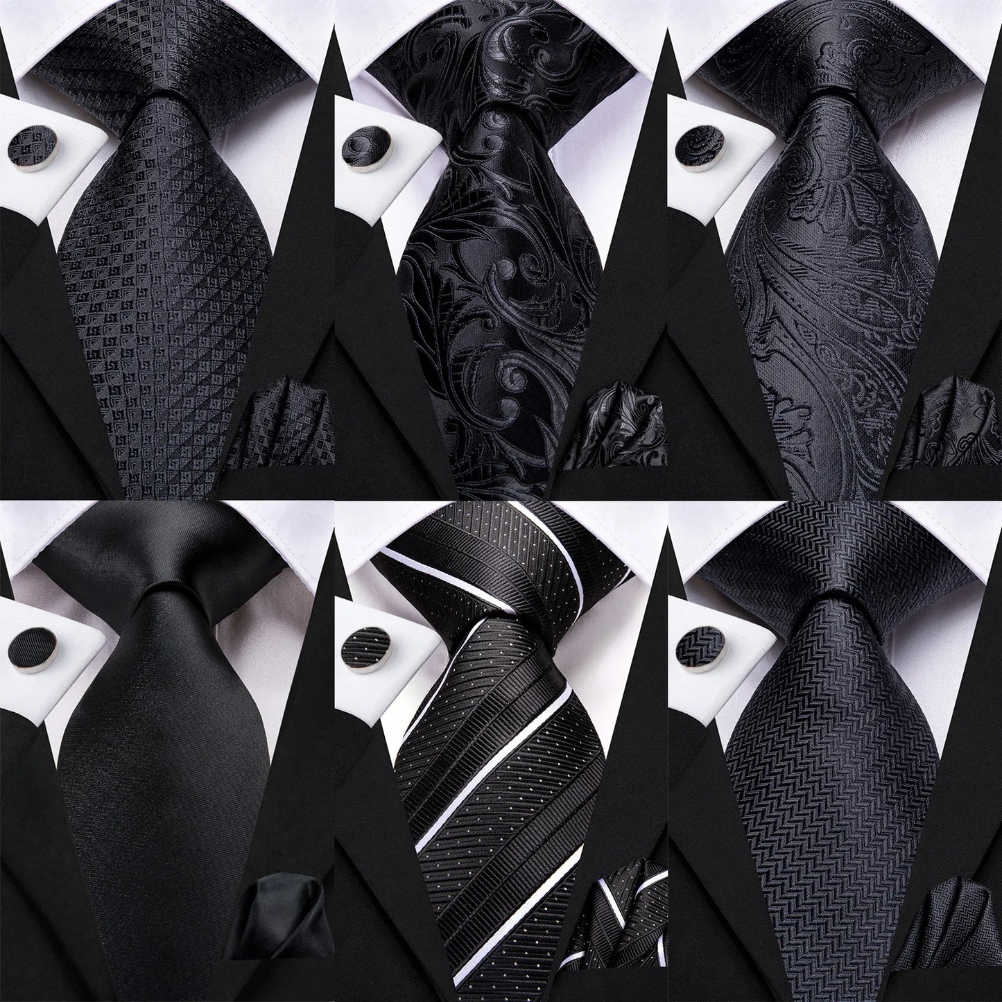 Black Floral Silk Wedding Tie Set - Elegant Necktie with Handkerchief Cufflinks for Men - ZOOMNSTORE