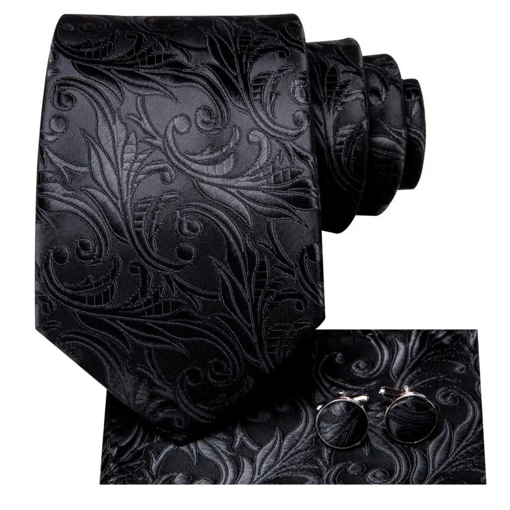 Black Floral Silk Wedding Tie Set - Elegant Necktie with Handkerchief Cufflinks for Men - ZOOMNSTORE