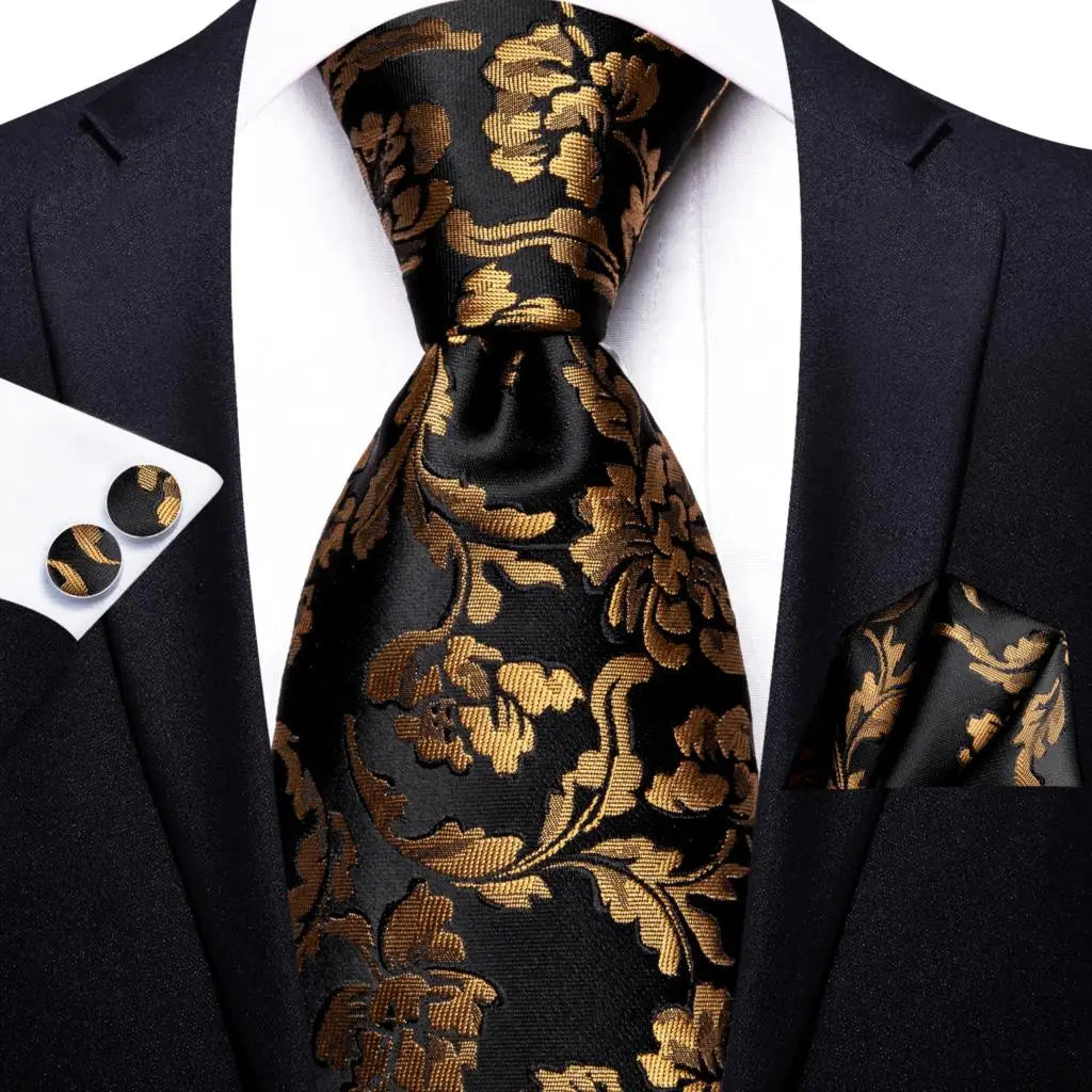 Black Floral Silk Wedding Tie Set - Elegant Necktie with Handkerchief Cufflinks for Men - ZOOMNSTORE