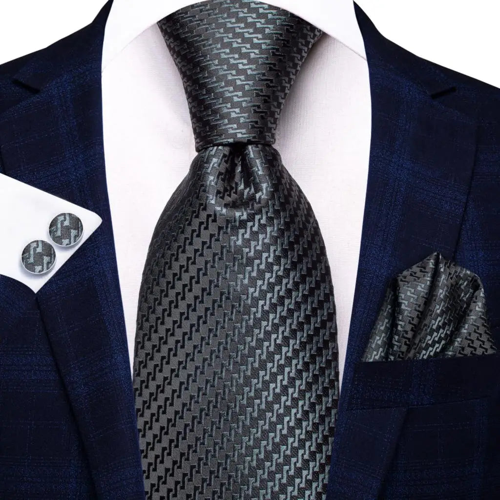 Black Floral Silk Wedding Tie Set - Elegant Necktie with Handkerchief Cufflinks for Men - ZOOMNSTORE