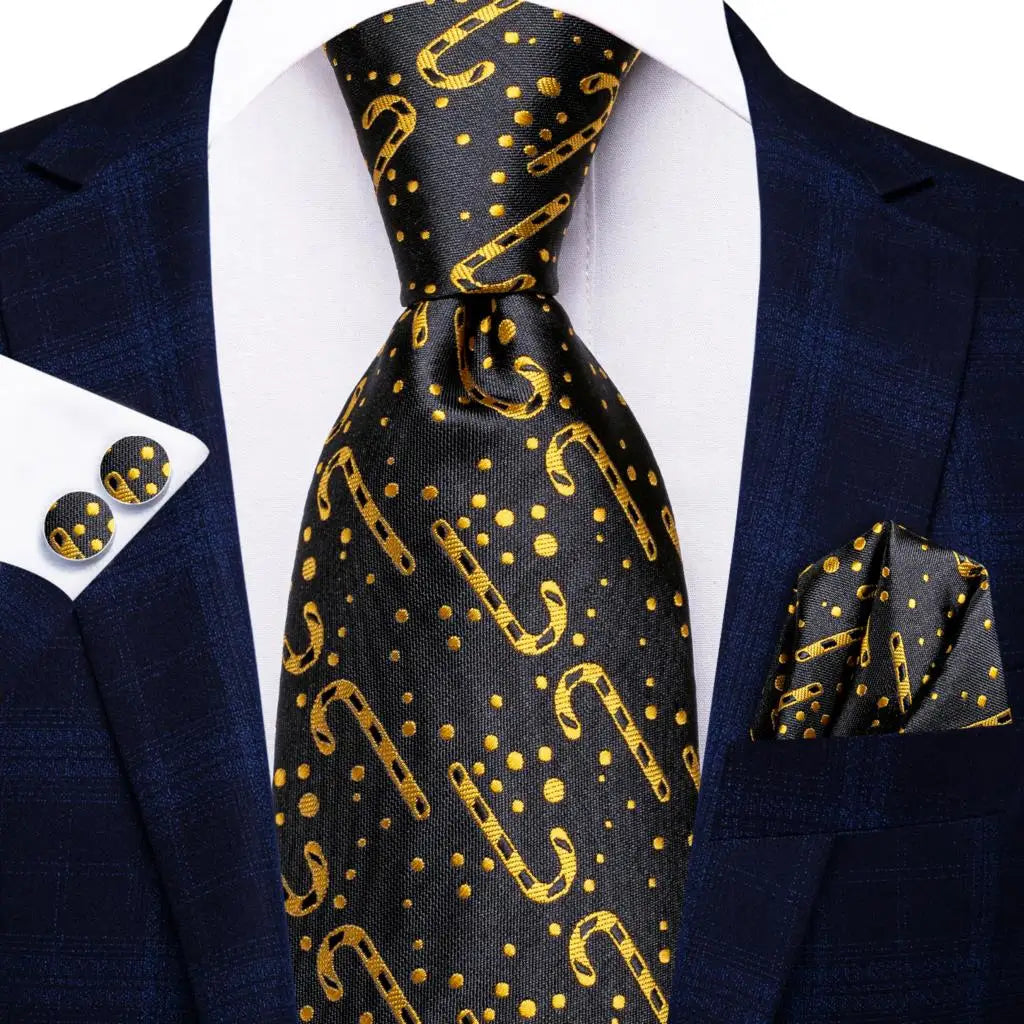 Black Floral Silk Wedding Tie Set - Elegant Necktie with Handkerchief Cufflinks for Men - ZOOMNSTORE