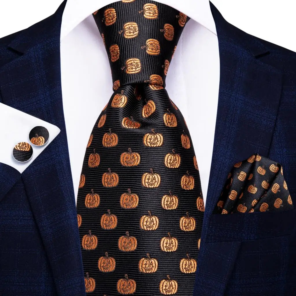 Black Floral Silk Wedding Tie Set - Elegant Necktie with Handkerchief Cufflinks for Men - ZOOMNSTORE