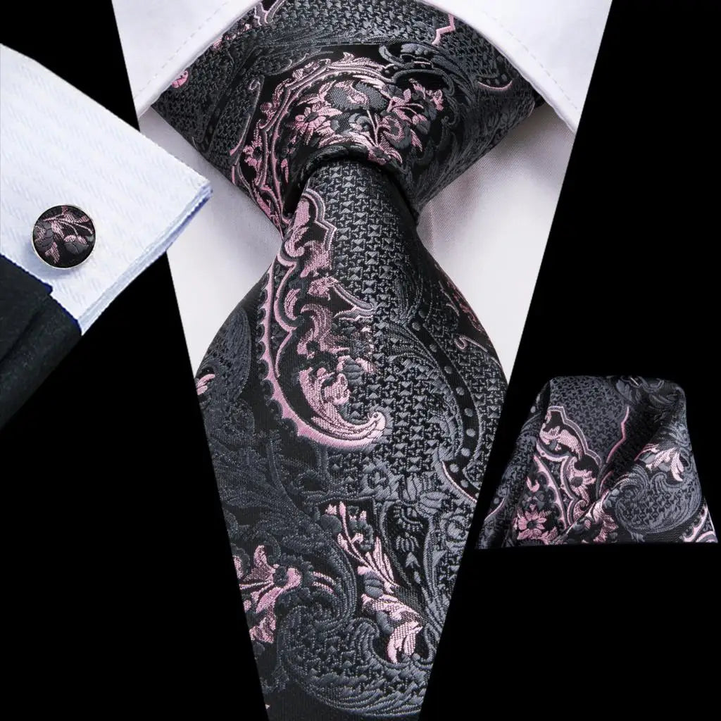 Black Floral Silk Wedding Tie Set - Elegant Necktie with Handkerchief Cufflinks for Men - ZOOMNSTORE