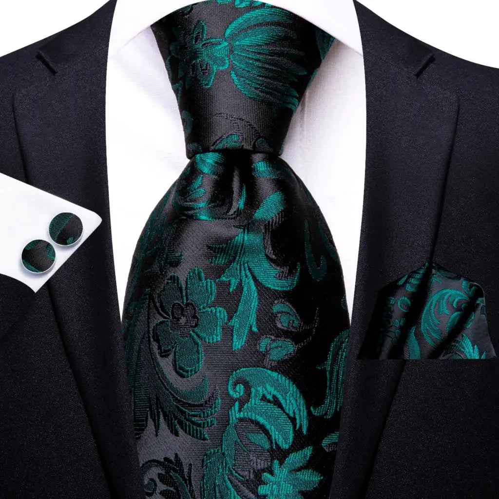 Black Floral Silk Wedding Tie Set - Elegant Necktie with Handkerchief Cufflinks for Men - ZOOMNSTORE