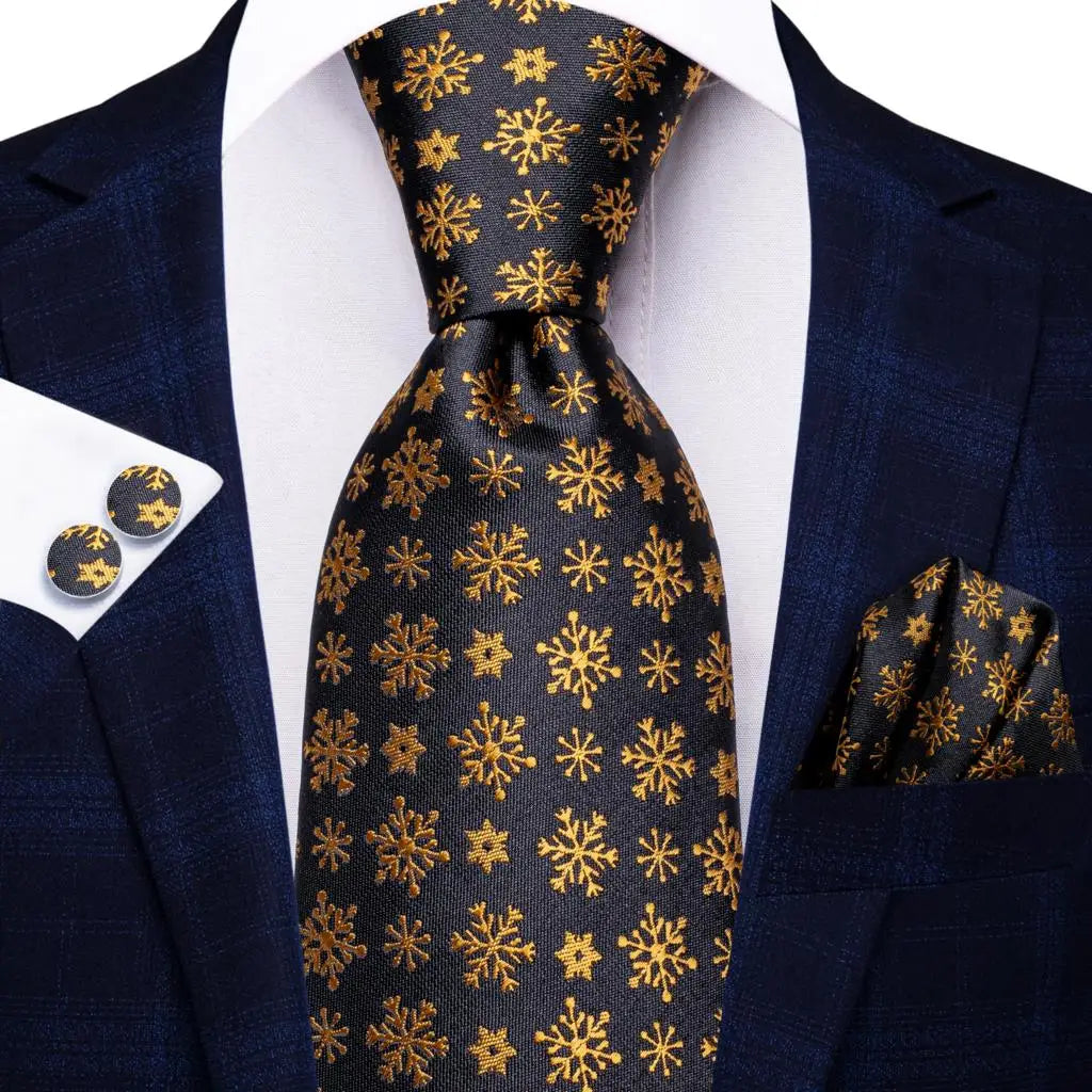 Black Floral Silk Wedding Tie Set - Elegant Necktie with Handkerchief Cufflinks for Men - ZOOMNSTORE