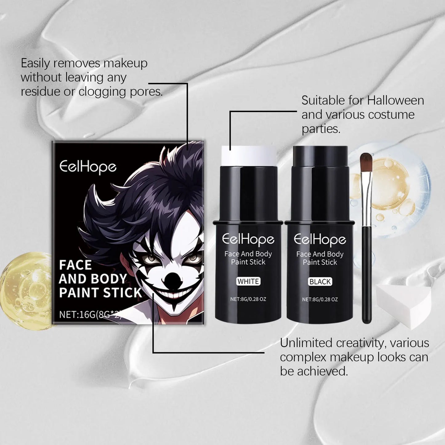 Black White Face Body Paint Kit Cover Foundation Clown Colorful Long Lasting Waterproof Halloween Festive Makeup Accessories Set - ZOOMNSTORE