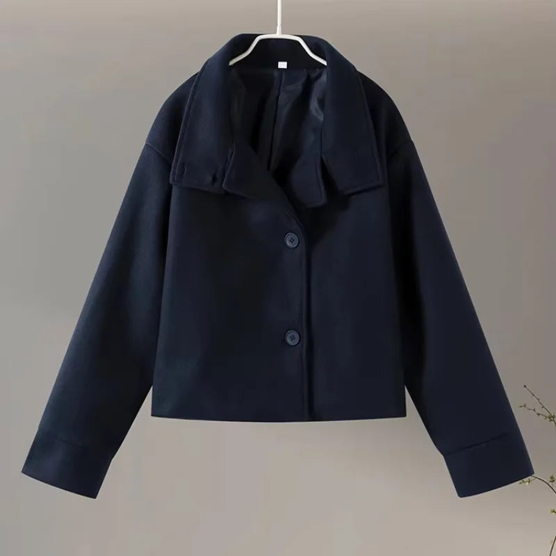 Black Wool Blend Womens Coat - Stand Collar Long Sleeve Warm Jacket - ZOOMNSTORE