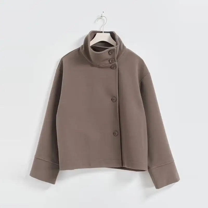 Black Wool Blend Womens Coat - Stand Collar Long Sleeve Warm Jacket - ZOOMNSTORE