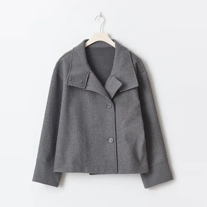 Black Wool Blend Womens Coat - Stand Collar Long Sleeve Warm Jacket - ZOOMNSTORE