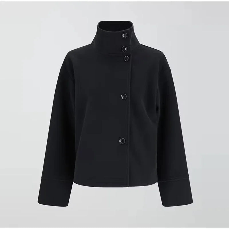 Black Wool Blend Womens Coat - Stand Collar Long Sleeve Warm Jacket - ZOOMNSTORE