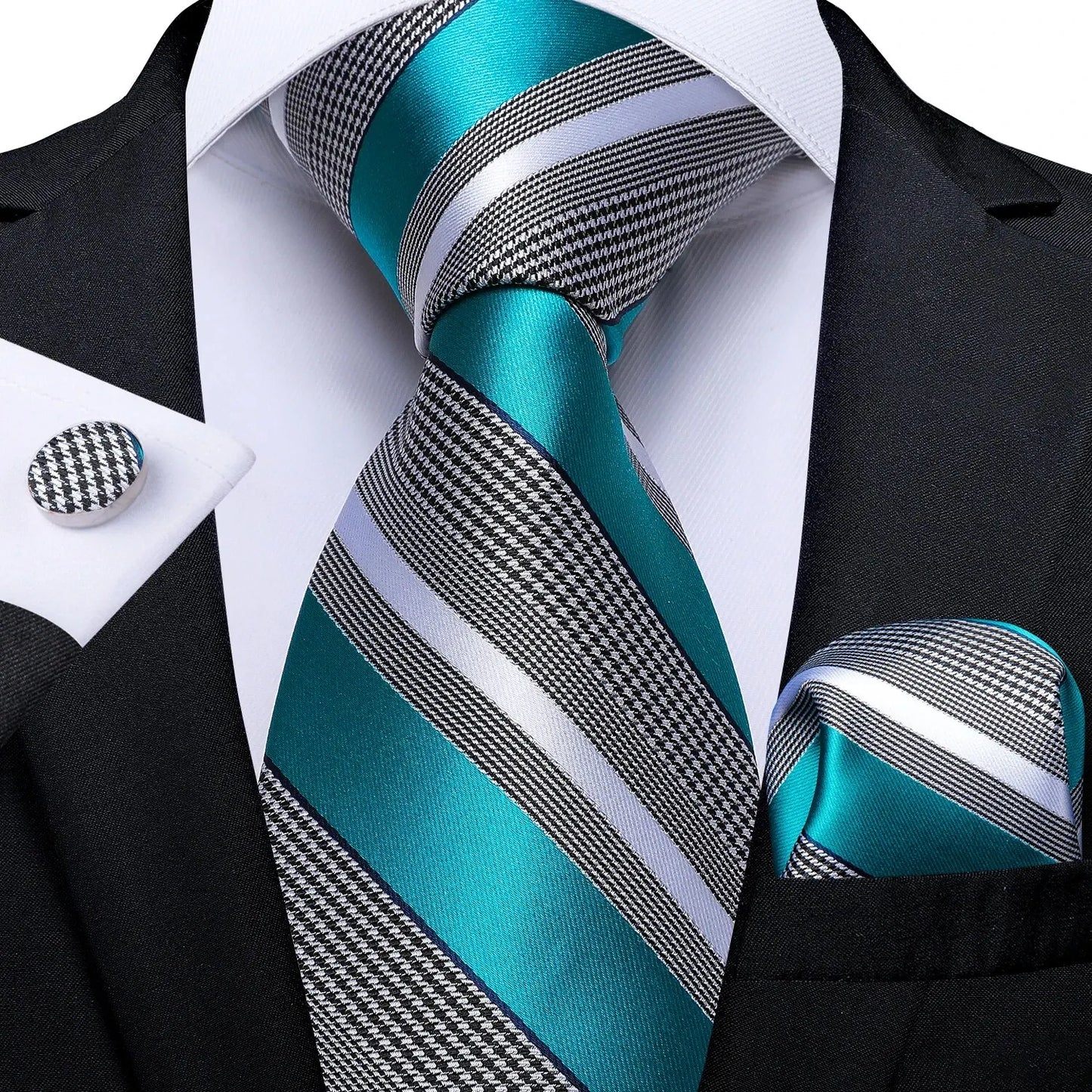 Luxury Blue Striped Mens Necktie Set - 8cm Width with Pocket Square Cufflinks for Wedding Business - ZOOMNSTORE