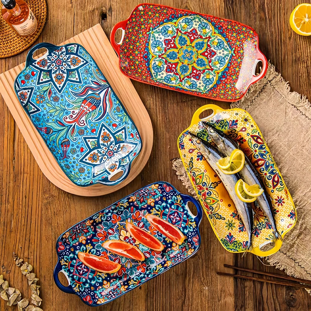 Bohemian Ceramic Fish Dish with Handle - 128-Inch Rectangular Tray Microwave Oven Safe - ZOOMNSTORE