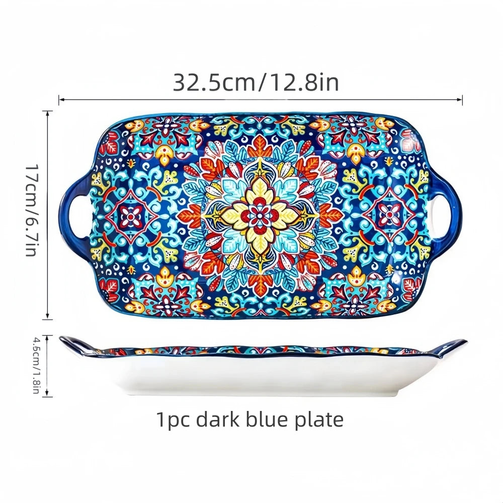 Bohemian Ceramic Fish Dish with Handle - 128-Inch Rectangular Tray Microwave Oven Safe - ZOOMNSTORE