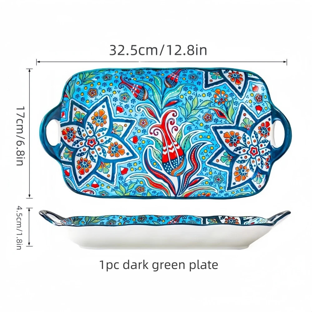 Bohemian Ceramic Fish Dish with Handle - 128-Inch Rectangular Tray Microwave Oven Safe - ZOOMNSTORE