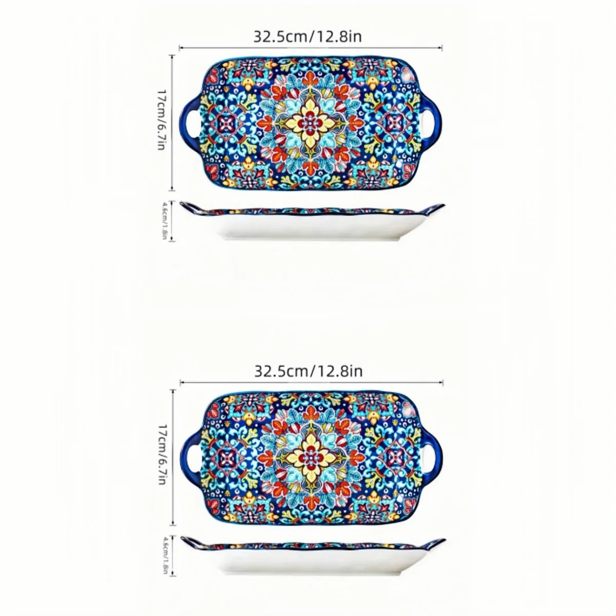 Bohemian Ceramic Fish Dish with Handle - 128-Inch Rectangular Tray Microwave Oven Safe - ZOOMNSTORE