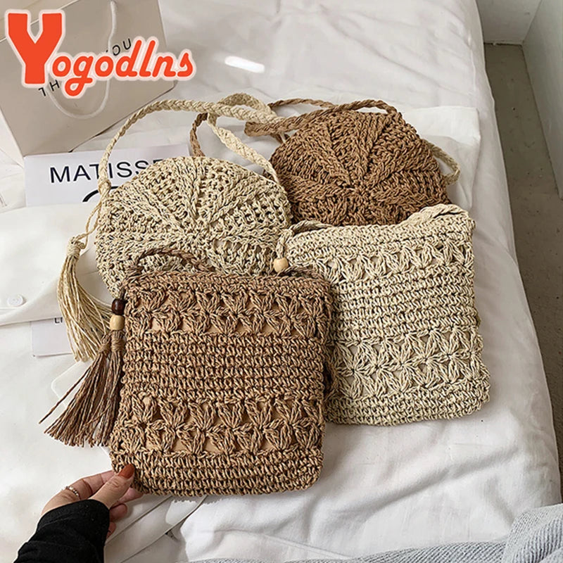 Bohemian Straw Shoulder Bag - Handmade Travel Beach Crossbody with Tassels - ZOOMNSTORE