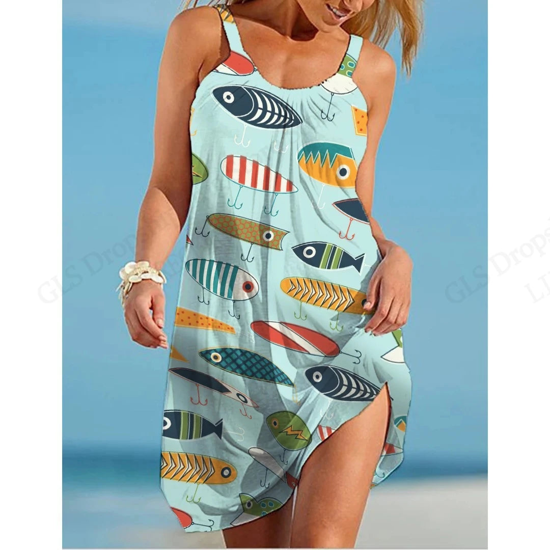 Elegant Sleeveless Mini Dress - Summer Beach Bohemian Sea Turtle Print - ZOOMNSTORE