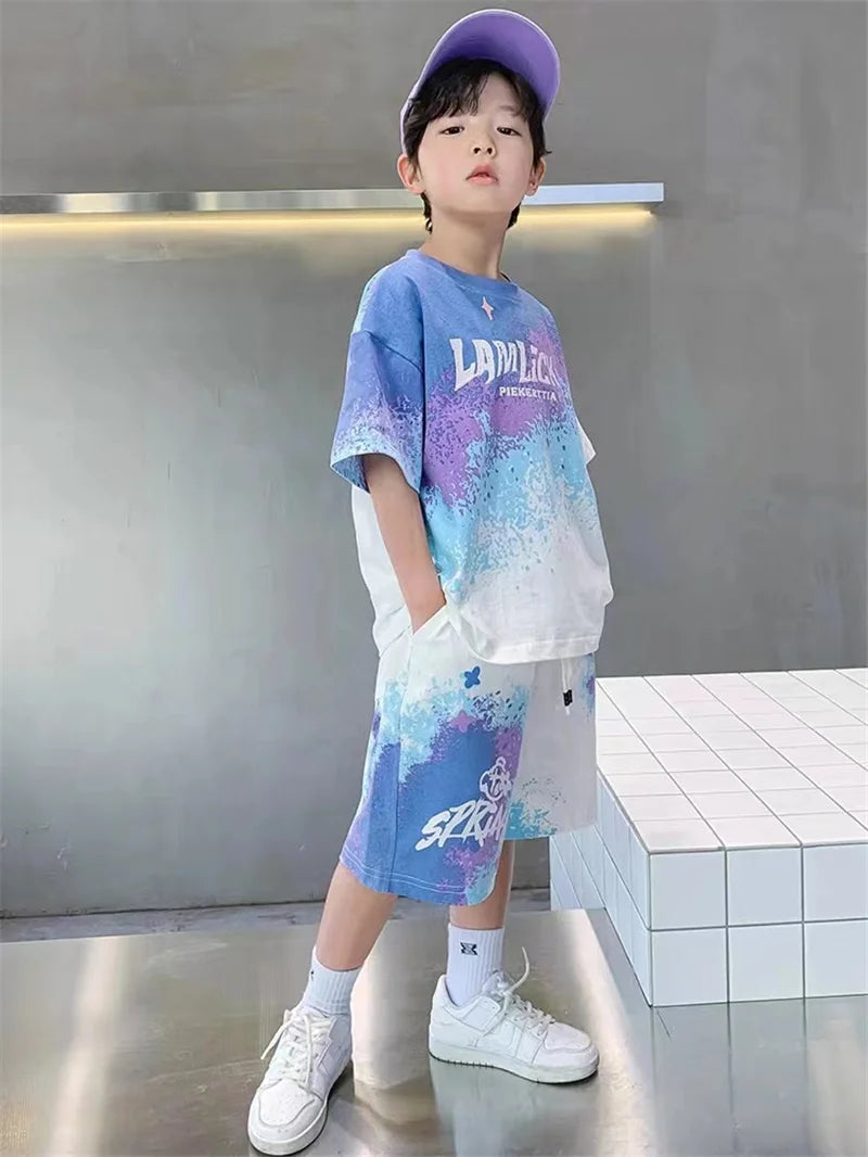 Boys Summer Casual Set - Gradient T-Shirt Shorts 2-Piece Outfit - ZOOMNSTORE