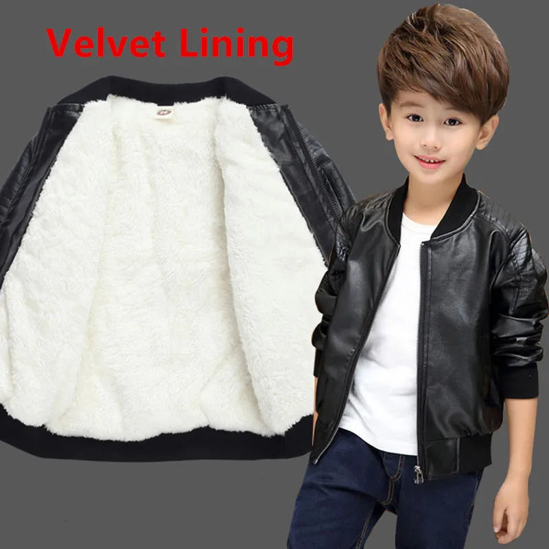 Boys Winter Coat - Warm Velvet Non-Velvet PU Leather Jacket for 1-11Y Kids - ZOOMNSTORE