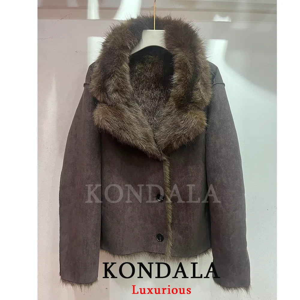 Brown Leather Fur Coat - Women's Casual Winter Jacket With Buttons & Pockets - ZOOMNSTORE