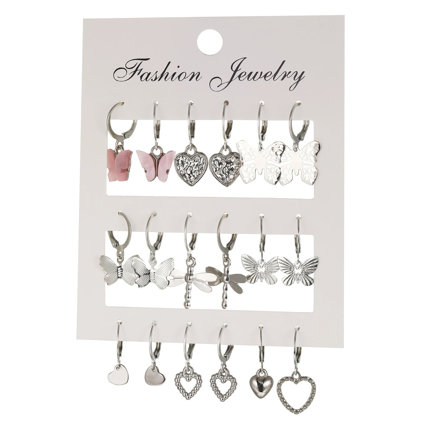 Butterfly Heart Drop Earrings Set - 9 Pcs Geometric Gold Silver Jewelry for Girls - ZOOMNSTORE