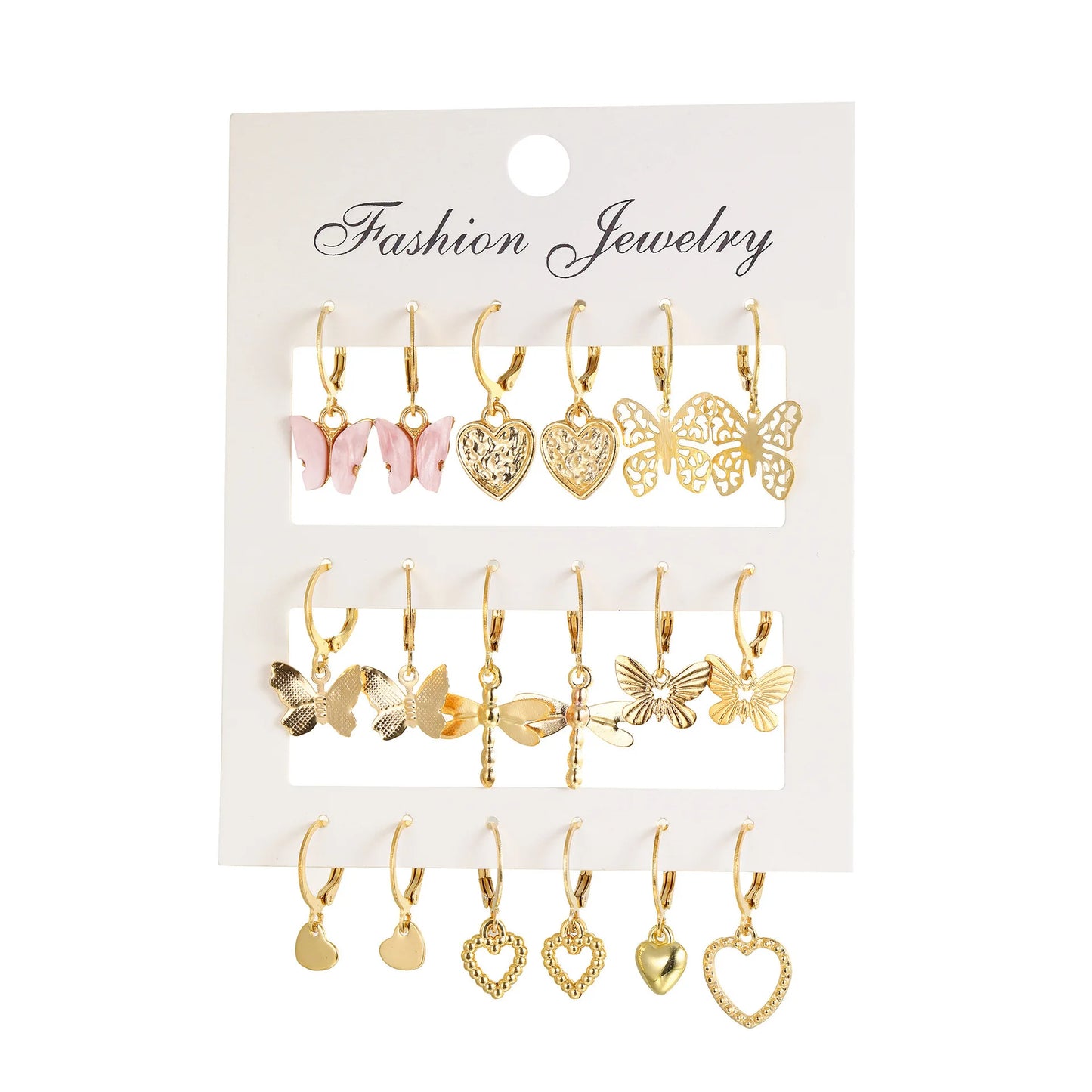 Butterfly Heart Drop Earrings Set - 9 Pcs Geometric Gold Silver Jewelry for Girls - ZOOMNSTORE