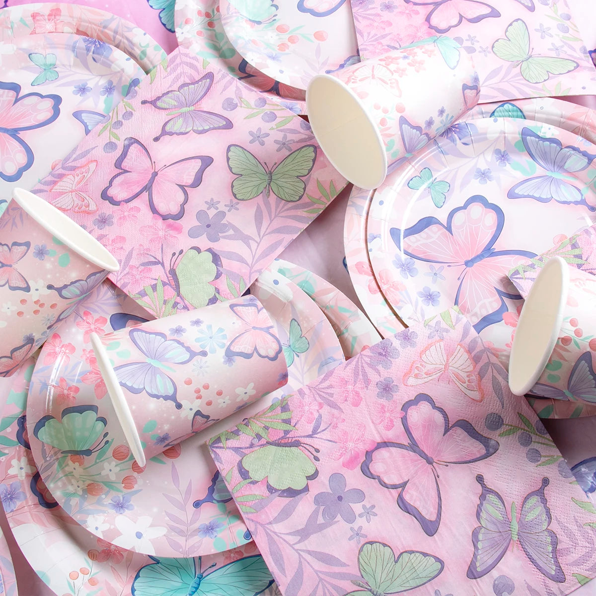 Butterfly Party Tableware Set - Disposable Plates Napkins Cups Tablecloth for Baby Shower Birthday - ZOOMNSTORE
