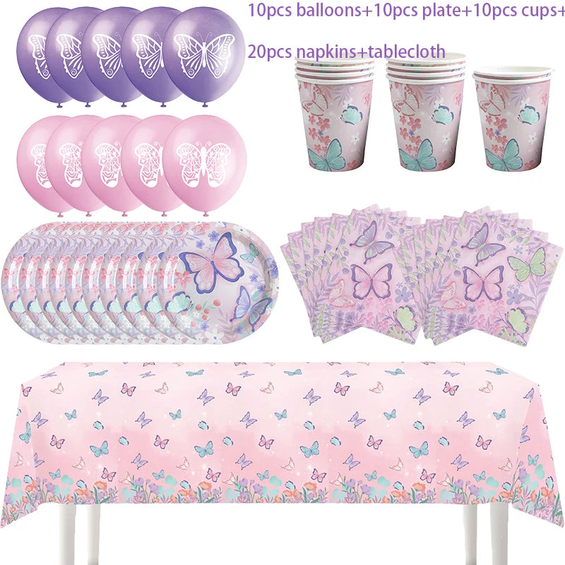 Butterfly Party Tableware Set - Disposable Plates Napkins Cups Tablecloth for Baby Shower Birthday - ZOOMNSTORE