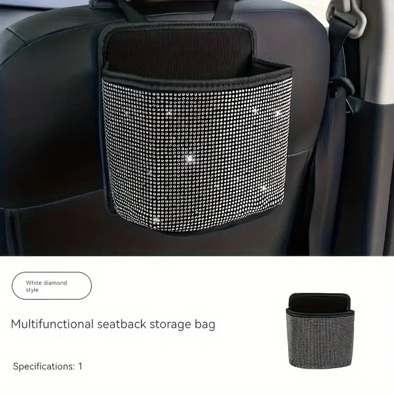 Car Trash Can - PU Leather Rhinestone Seat Back Organizer With Round Design - ZOOMNSTORE
