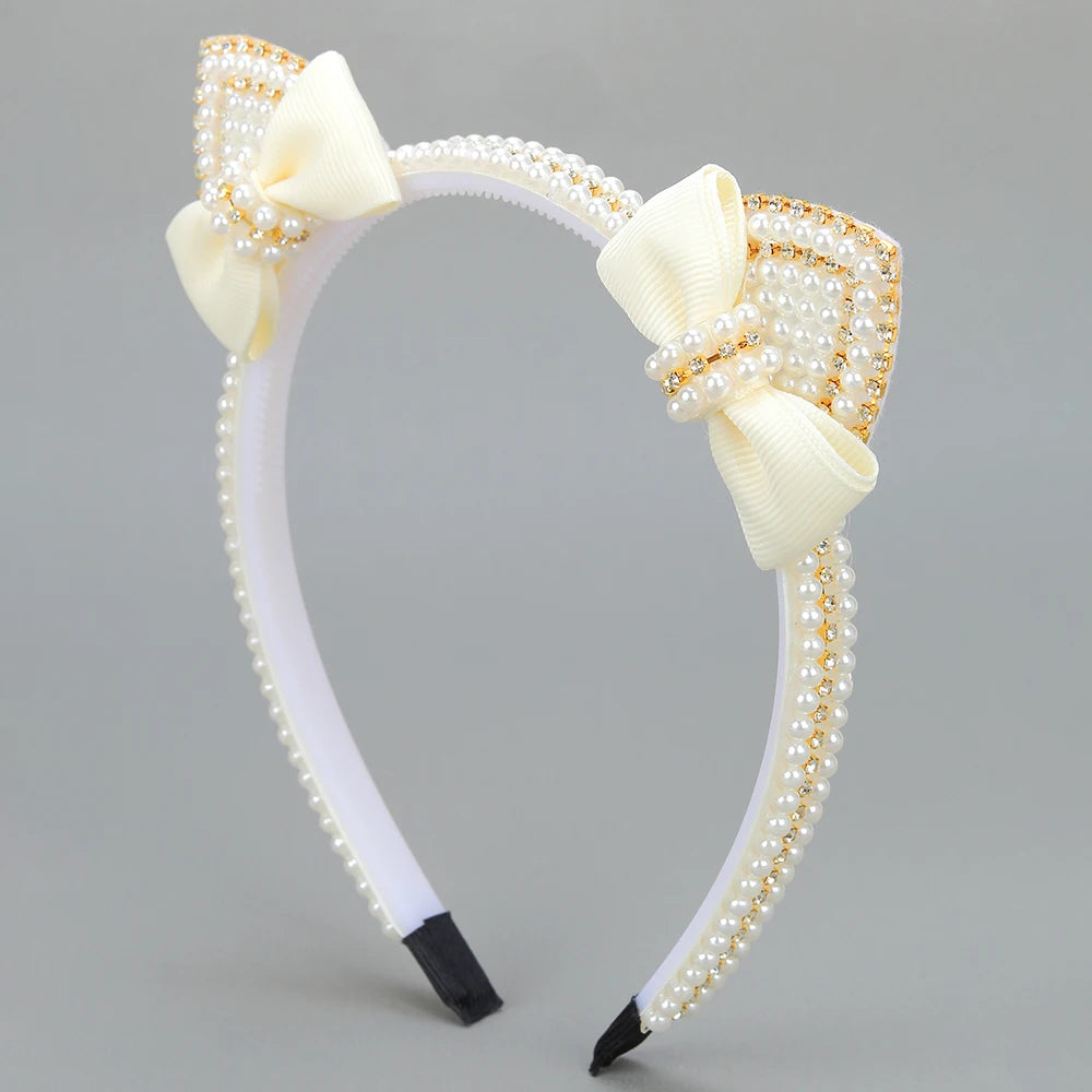 Cat Ear Headbands Sweet Cute Ears Elegant Pearl Bow Hairband For Girls Sweet Head Band Children Kid Hair Hoop Accessories Tiara - ZOOMNSTORE