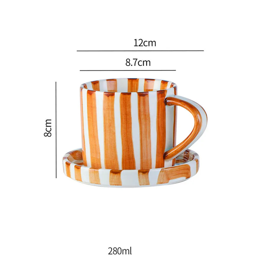 Ceramic Coffee Cup Set - Minimalist Striped Hand Drawn Design, 280ml Eco Friendly - ZOOMNSTORE