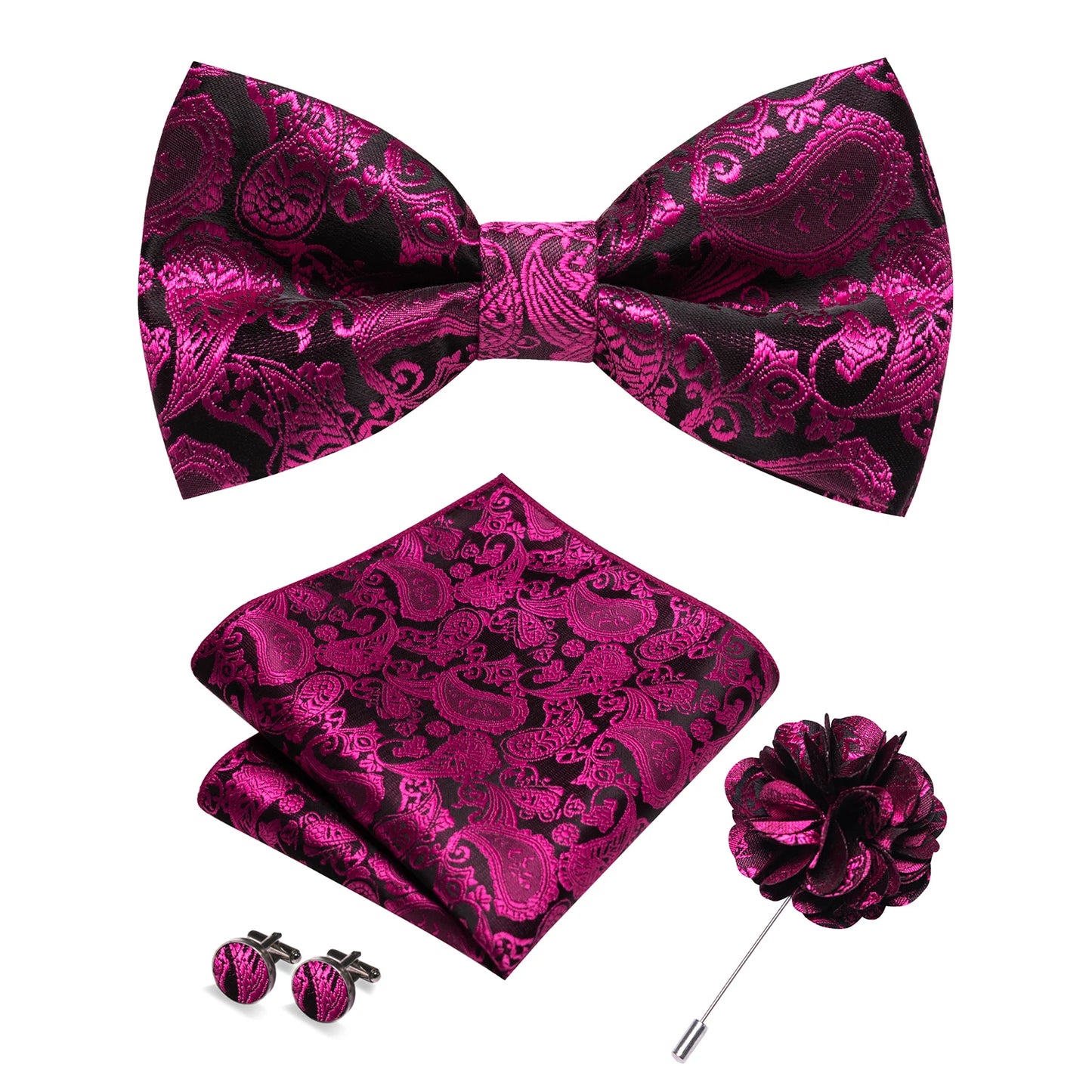 Champagne Silk Jacquard Paisley Bow Tie Set - Pre-tied Bowtie Brooch Hanky Cufflinks for Weddings Business - ZOOMNSTORE