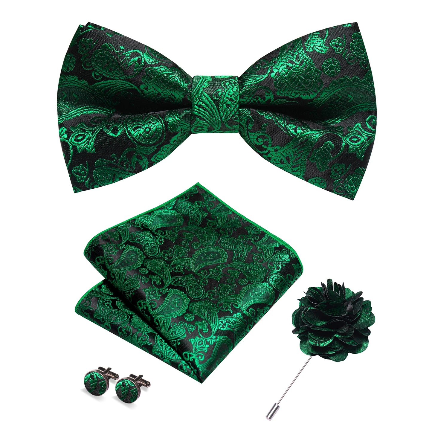 Champagne Silk Jacquard Paisley Bow Tie Set - Pre-tied Bowtie Brooch Hanky Cufflinks for Weddings Business - ZOOMNSTORE