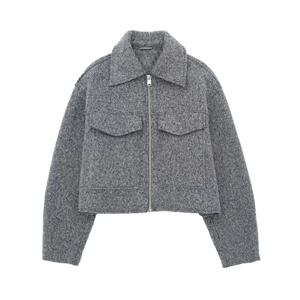 Chic Cropped Jacket - Vintage Womens Long Sleeve Zipper Coat with Pockets - ZOOMNSTORE