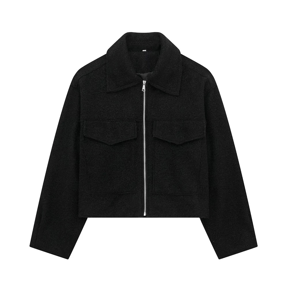Chic Cropped Jacket - Vintage Womens Long Sleeve Zipper Coat with Pockets - ZOOMNSTORE