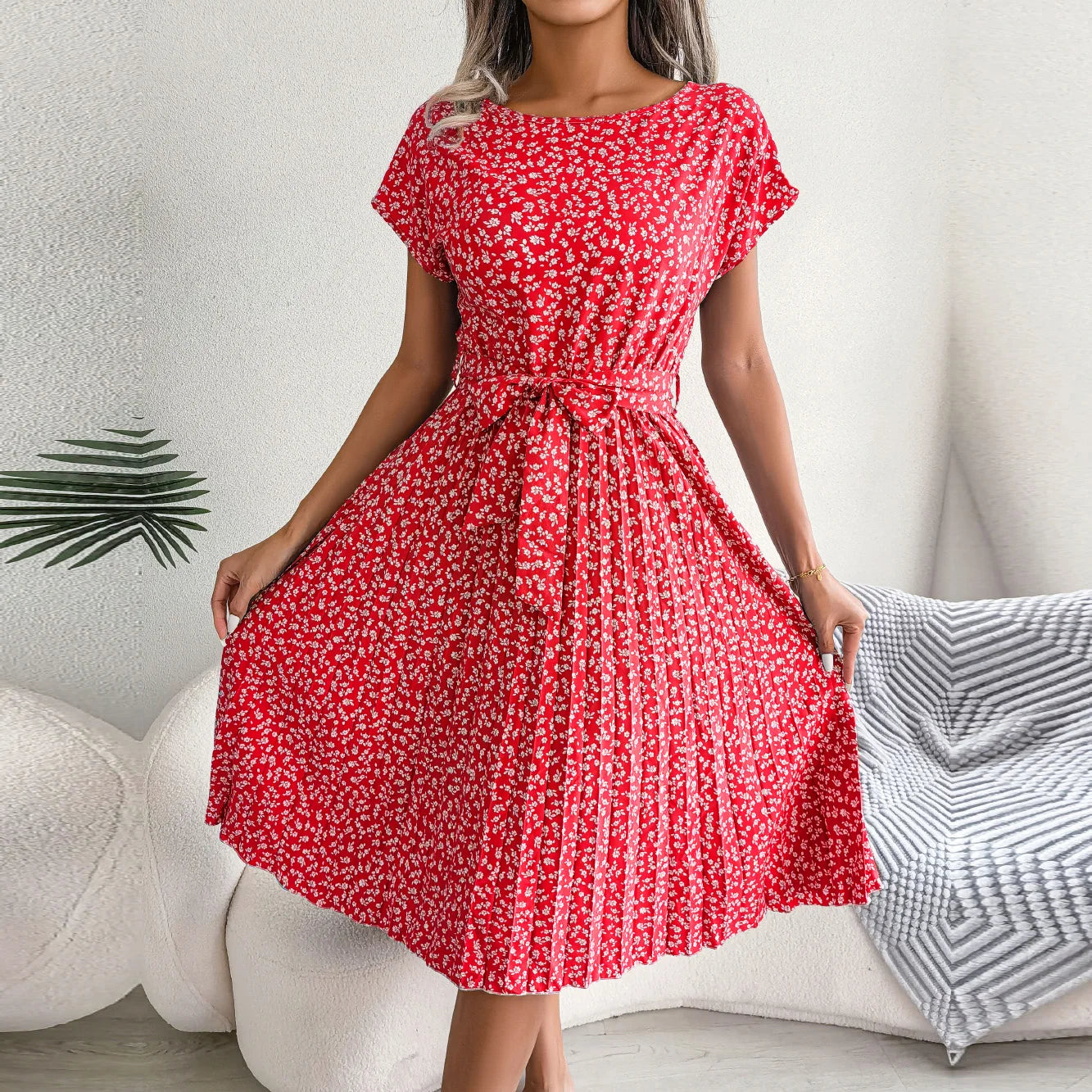 Chic Floral Pleated A-Line Dress - Womens Spring Summer Short Sleeve Fashion - ZOOMNSTORE