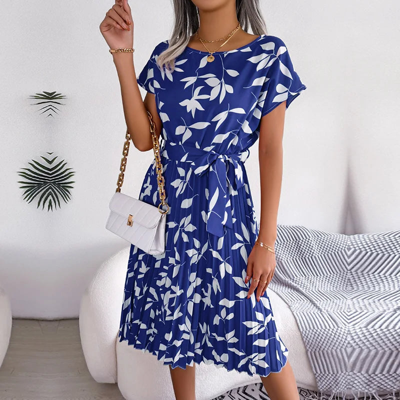 Chic Floral Pleated A-Line Dress - Womens Spring Summer Short Sleeve Fashion - ZOOMNSTORE