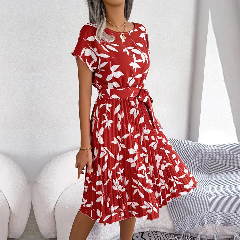 Chic Floral Pleated A-Line Dress - Womens Spring Summer Short Sleeve Fashion - ZOOMNSTORE