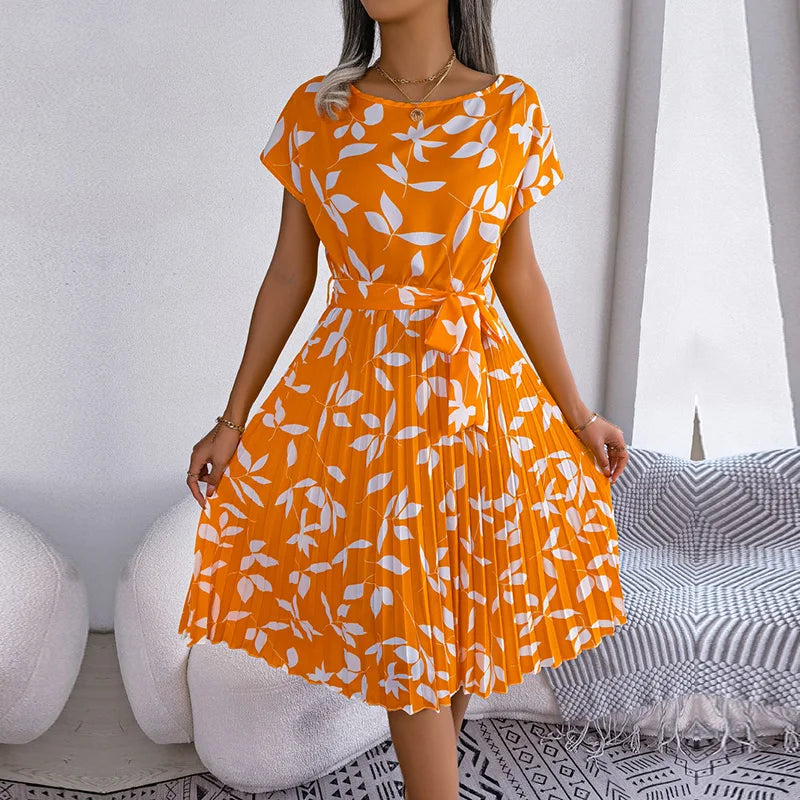 Chic Floral Pleated A-Line Dress - Womens Spring Summer Short Sleeve Fashion - ZOOMNSTORE