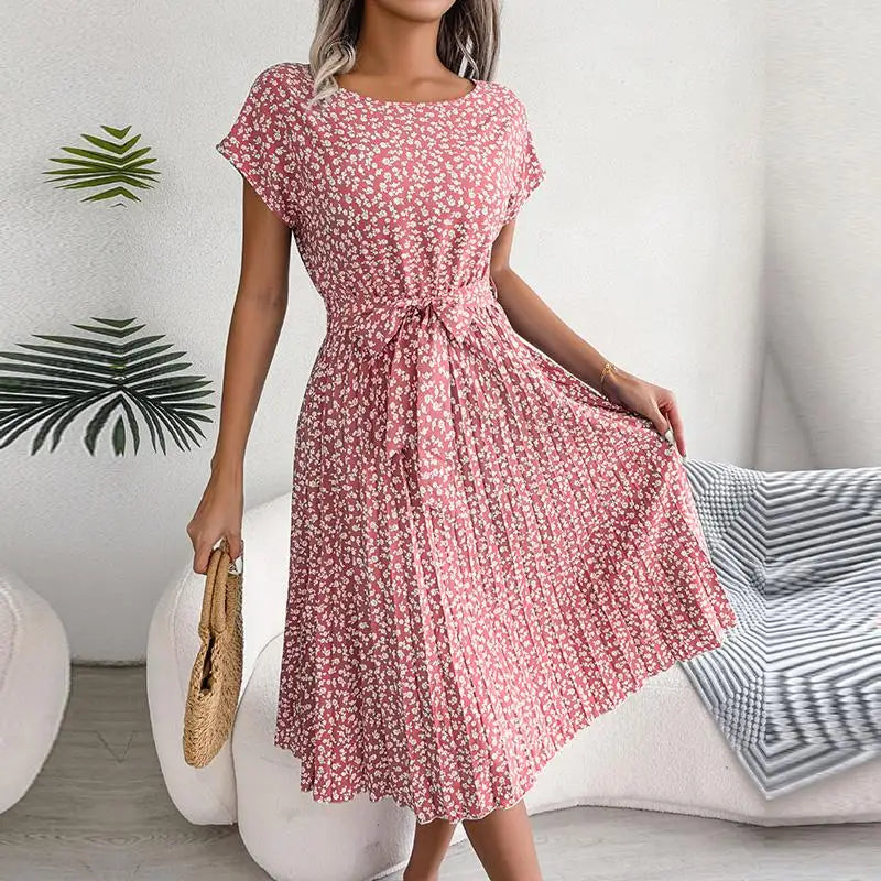 Chic Floral Pleated A-Line Dress - Womens Spring Summer Short Sleeve Fashion - ZOOMNSTORE