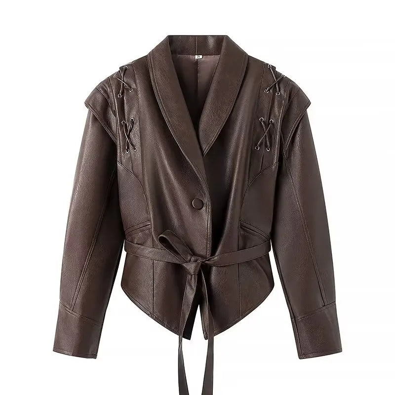 Chic Womens Faux Leather Jacket - Autumn Winter PU Coat with Dropped Shoulders - ZOOMNSTORE